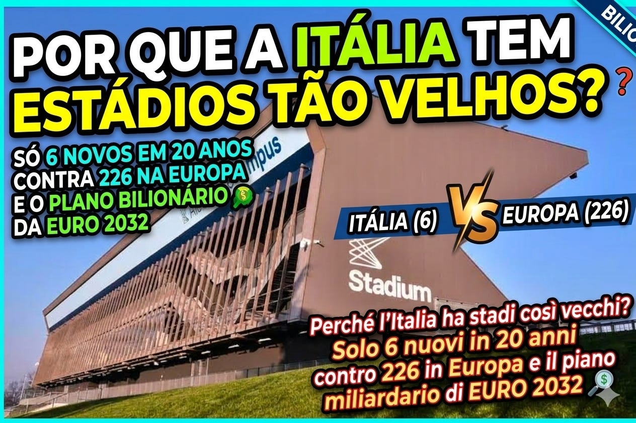 Por que a Itália tem estádios tão velhos? Só 6 novos em 20 anos contra 226 na Europa e o plano bilionário da Euro 2032 / Perché l'Italia ha stadi così vecchi? Solo 6 nuovi in 20 anni contro 226 in Europa e il piano miliardario di EURO 2032 Por que a Itália tem estádios tão velhos? Só 6 novos em 20 anos contra 226 na Europa e o plano bilionário da Euro 2032 / Perché l'Italia ha stadi così vecchi? Solo 6 nuovi in 20 anni contro 226 in Europa e il piano miliardario di EURO 2032
