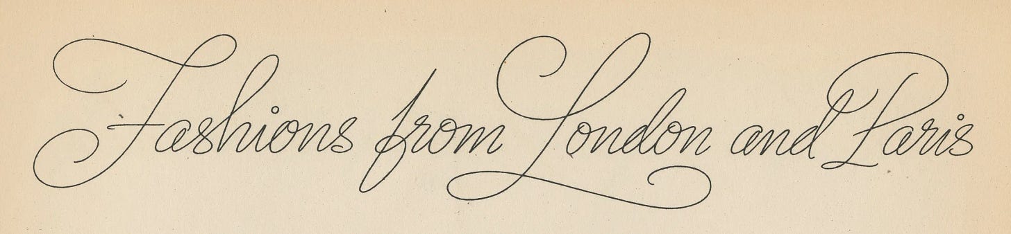 Delicate informal script lettering reading “Fashions from London and Paris,” with large flourished capital letters and long looping swashes on cream paper.