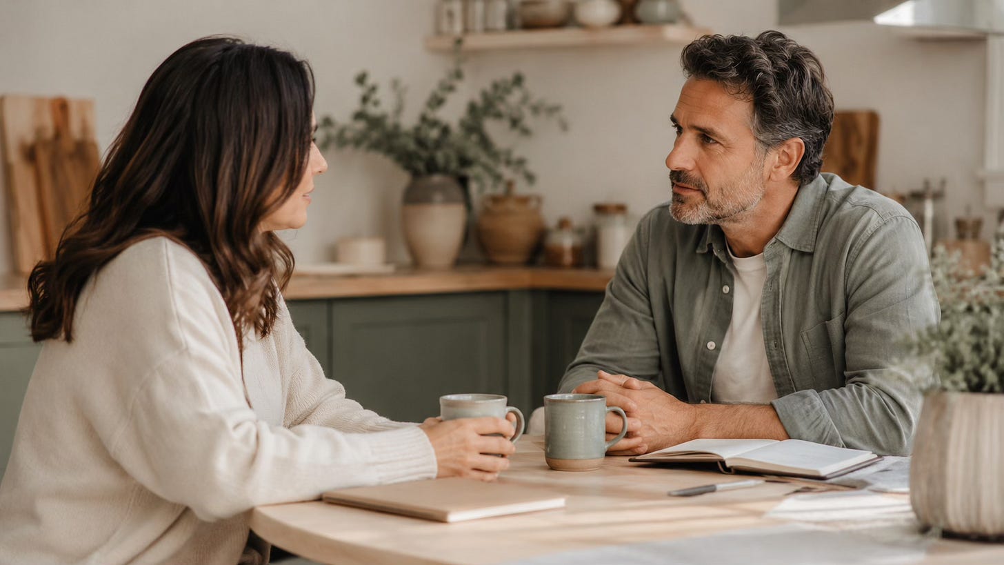 Two people having a calm conversation at a table, representing discussing emotional support and shared investment with a partner.