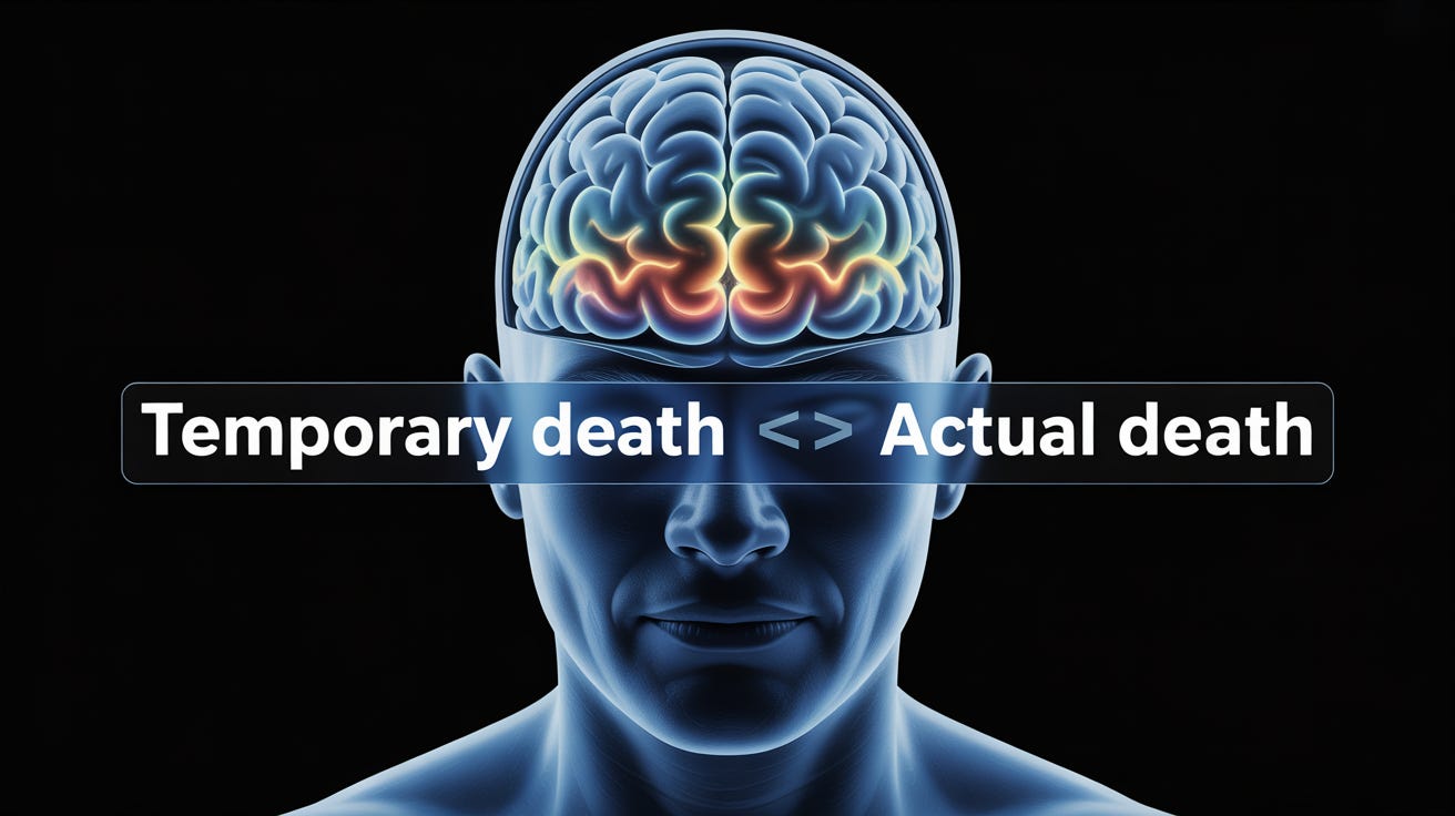 Functional MRI brain scan showing illuminated pattern recognition centers with overlaid text distinguishing temporary dormancy from permanent death, illustrating the cognitive shift when recognizing political cycles.