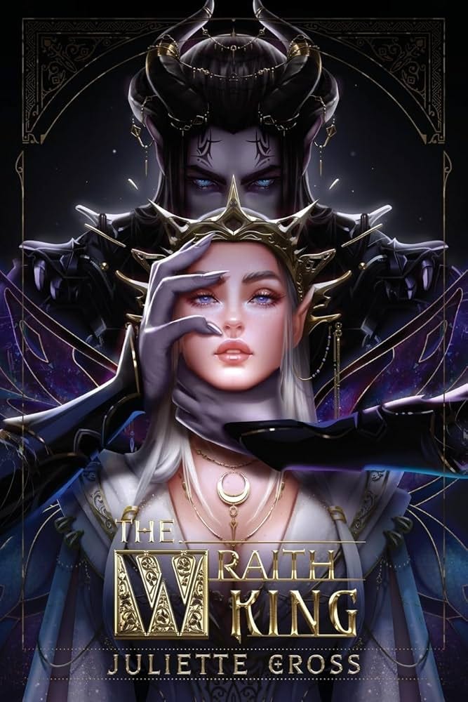 Cover image of The Wraith King by Juliette Cross featuring Una, the FMC wearing all white standing in front of Goll, the MMC, who is wearing all black and has a hand wrapped around Una's throat and face.