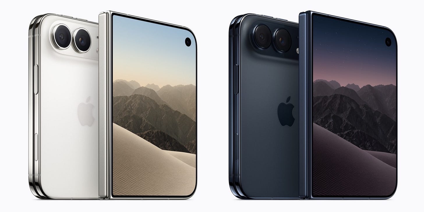 Front and rear views of iPhone Duo shown side by side in Star White and Night Sky, displaying desert landscape wallpapers in both light and dark mode. Front and rear views of iPhone Duo shown side by side in Star White and Night Sky, displaying desert landscape wallpapers in both light and dark mode.