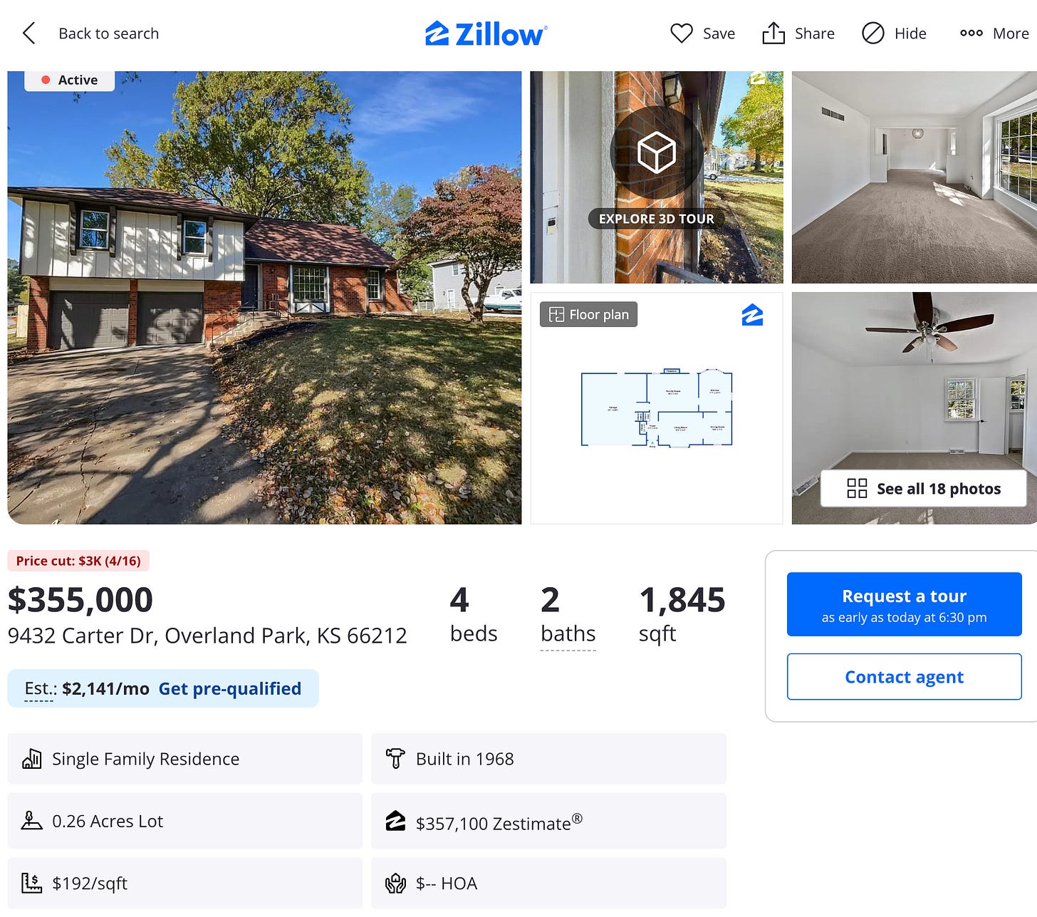 Screenshot of Zillow listing for 4 bedroom 2 bathroom house in Overland Park, KS for $355,000.