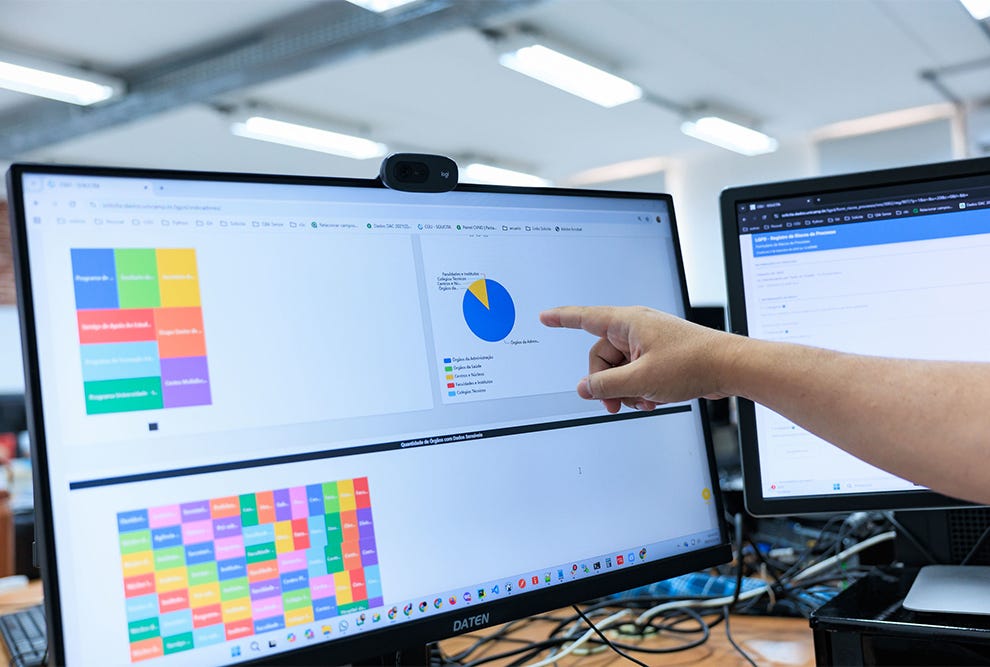 Pessoa com braço direito estendido apontando para gráfico de pizza em azul e amarelo exibido em monitor DATEM em ambiente de escritório com teto de iluminação fluorescente, acompanhado por segundo monitor à direita mostrando dados em interface azul, e terceiro monitor parcialmente visível à esquerda exibindo gráficos coloridos em verde, amarelo, rosa e vermelho, com teclado e cabos visíveis na base da estação de trabalho. Pessoa com braço direito estendido apontando para gráfico de pizza em azul e amarelo exibido em monitor DATEM em ambiente de escritório com teto de iluminação fluorescente, acompanhado por segundo monitor à direita mostrando dados em interface azul, e terceiro monitor parcialmente visível à esquerda exibindo gráficos coloridos em verde, amarelo, rosa e vermelho, com teclado e cabos visíveis na base da estação de trabalho.