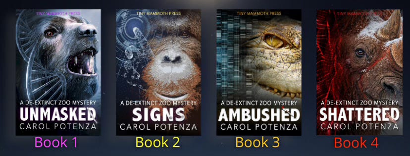 Four book covers: Pleistocene animals including a short faced bear, Gigantopithecus, Quinkana, and Woolly rhino Four book covers: Pleistocene animals including a short faced bear, Gigantopithecus, Quinkana, and Woolly rhino