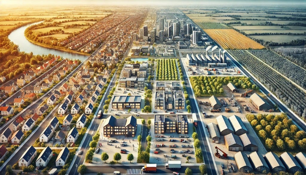 A sprawling, diverse community with a mix of residential homes, apartments, and condos, alongside bustling commercial buildings, industrial warehouses, and rolling agricultural fields, all set against a breathtaking panoramic backdrop. 