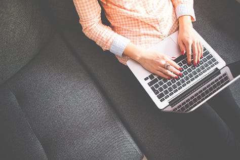 Different images of people writing or typing on a laptop or typewriter.