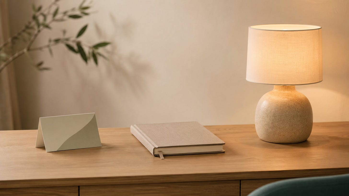 A calm table scene with a guide, journal, and soft lamp, representing different levels of emotional support.