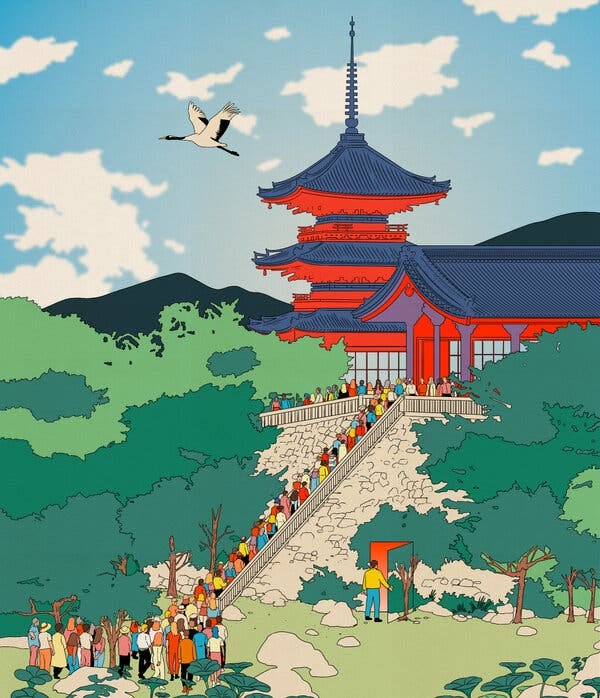 In an illustration, people form a long line to climb steps to a Japanese-style temple, while off to the side a man opens a doorway in the hillside. 