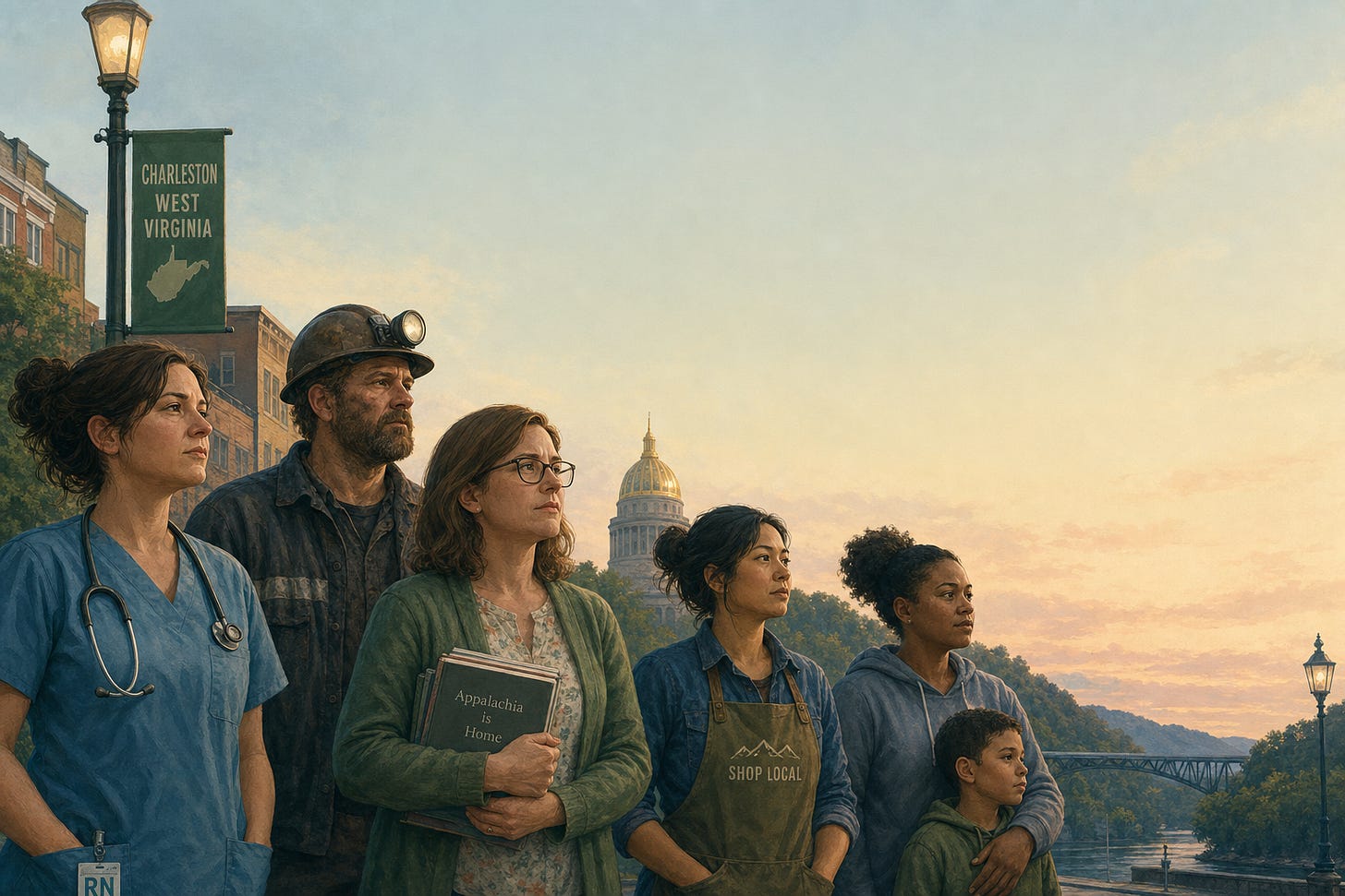 Hero banner illustration of everyday West Virginians, tired but resolute, with the Capitol in the background.