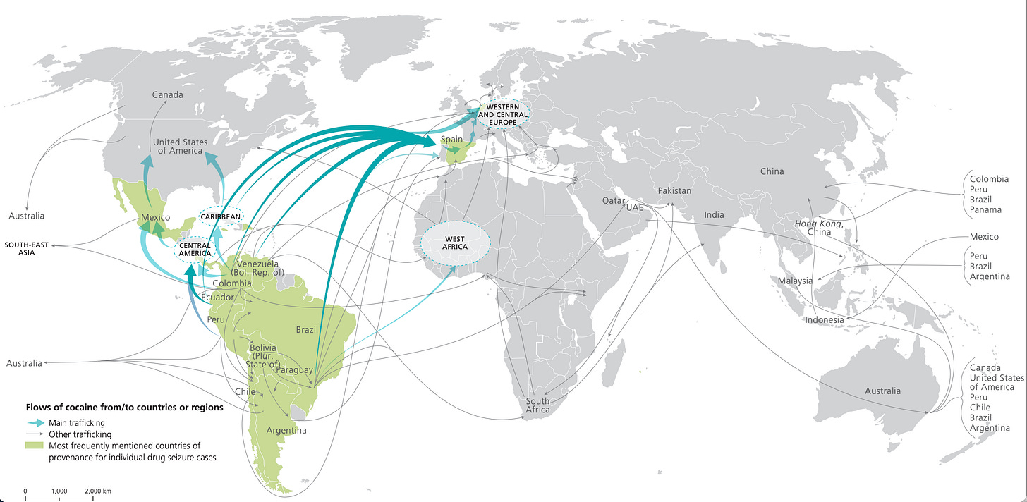 Cocaine smuggling routes out of Latin America (Source: UNODC, 2025)