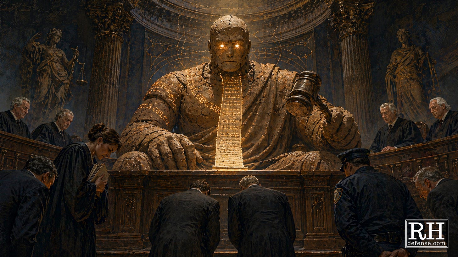 A massive clay golem sits as a judge in a dark courtroom while lawyers, judges, and police bow before its glowing eyes and illuminated legal scroll.