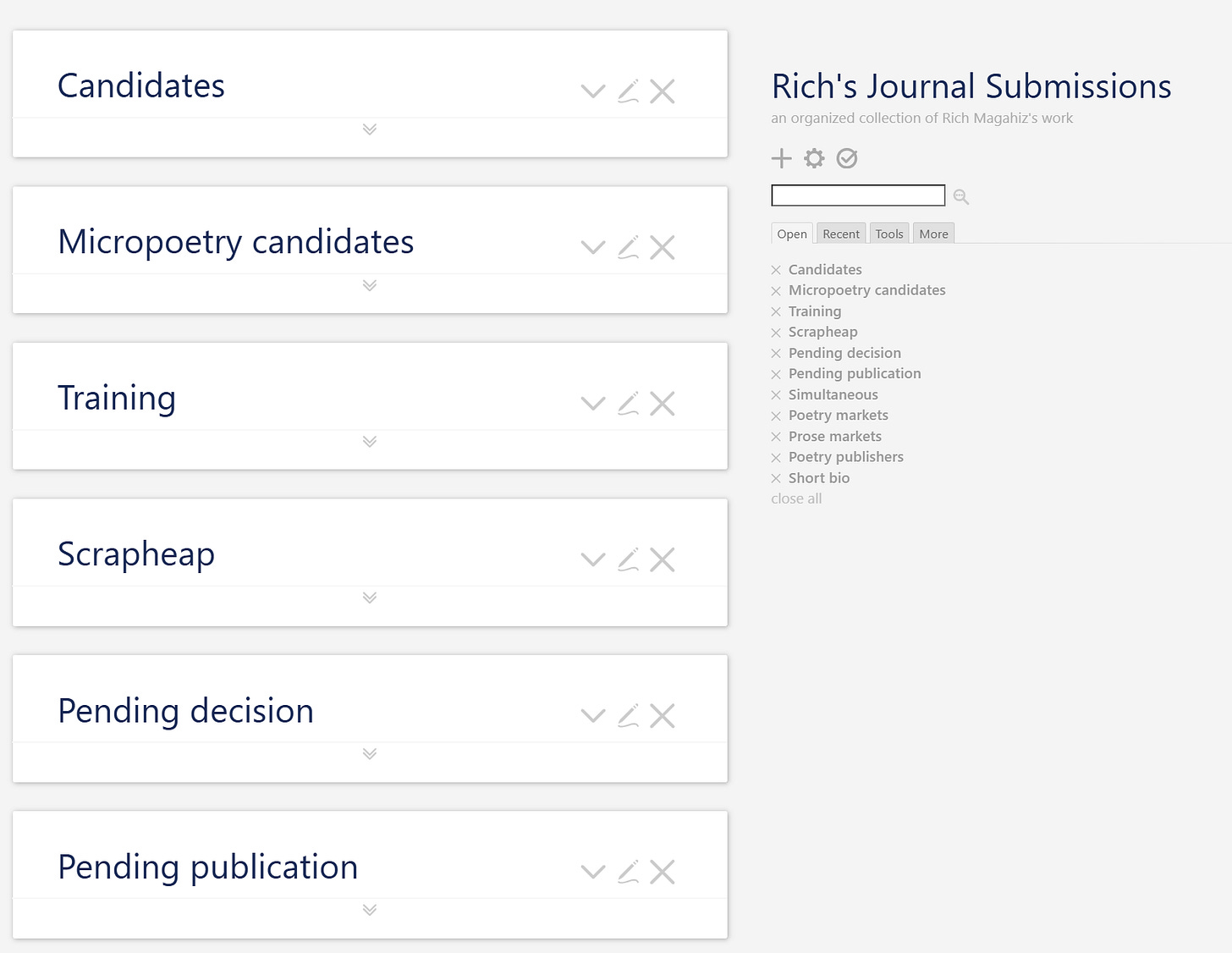 Screenshot of tiddlywiki, showing tiddlers Candidates, Micropoetry candidates, Training, Scrapheap, and more