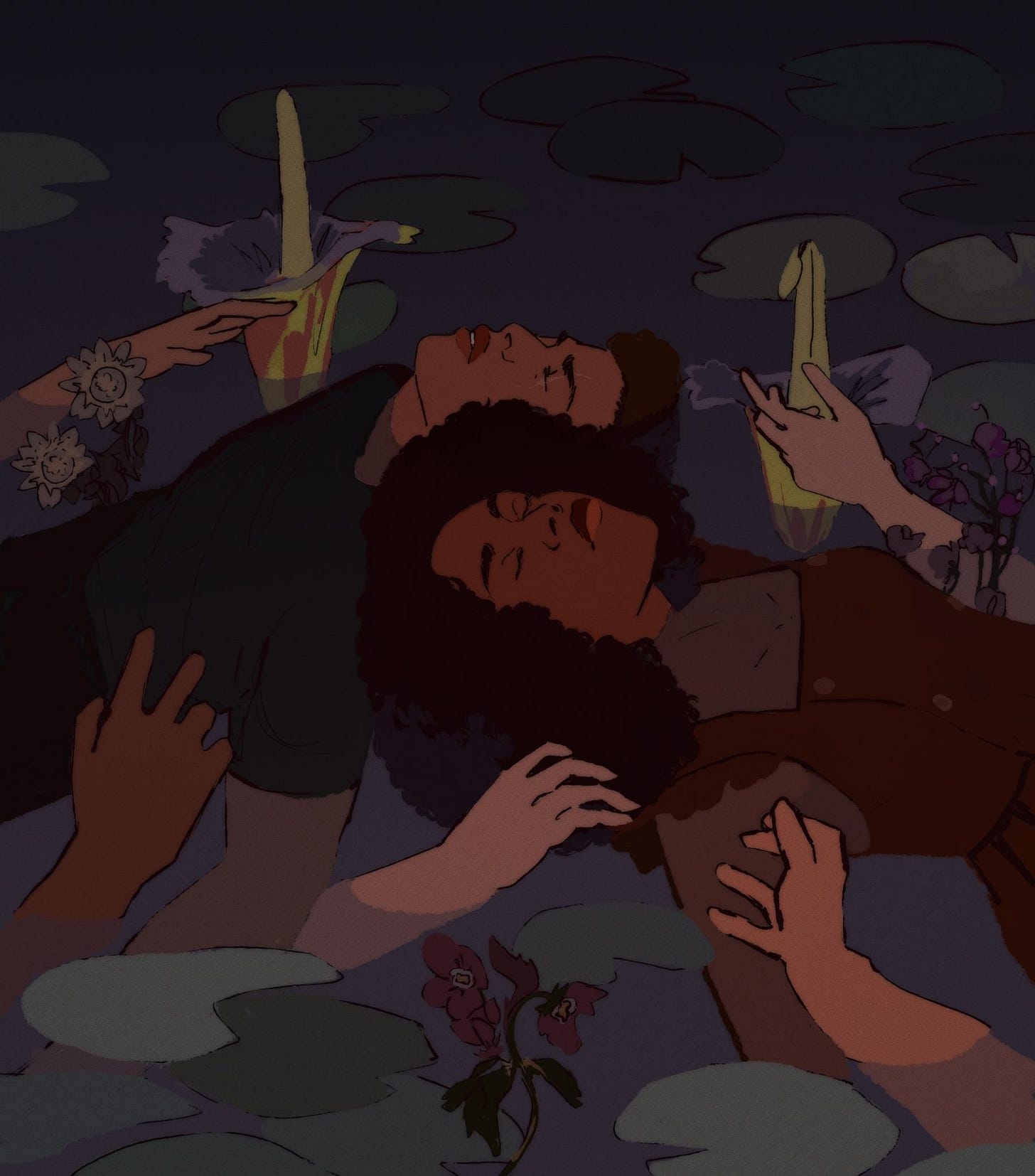 Two Black people, a man and woman, float in a swamp with poisonous plants and hands of all races reaching for them. The man in a black T-shirt faces left. He has brown hair and light brown skin. A scar slashed through his left eye. The woman aces right. She has dark brown skin and black curly hair. She wears a red dress.