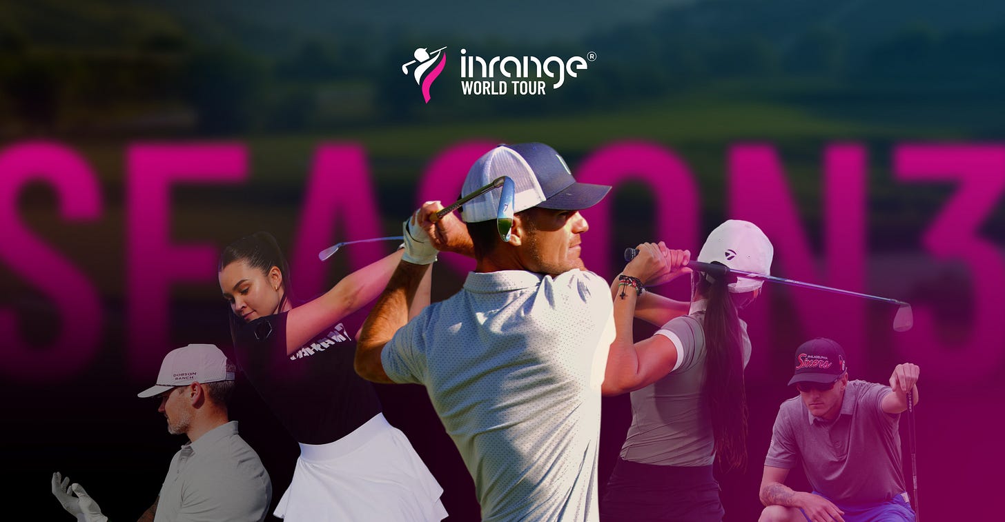 Five golfers mid-swing against a magenta background with the Inrange World Tour logo and the words Season 3