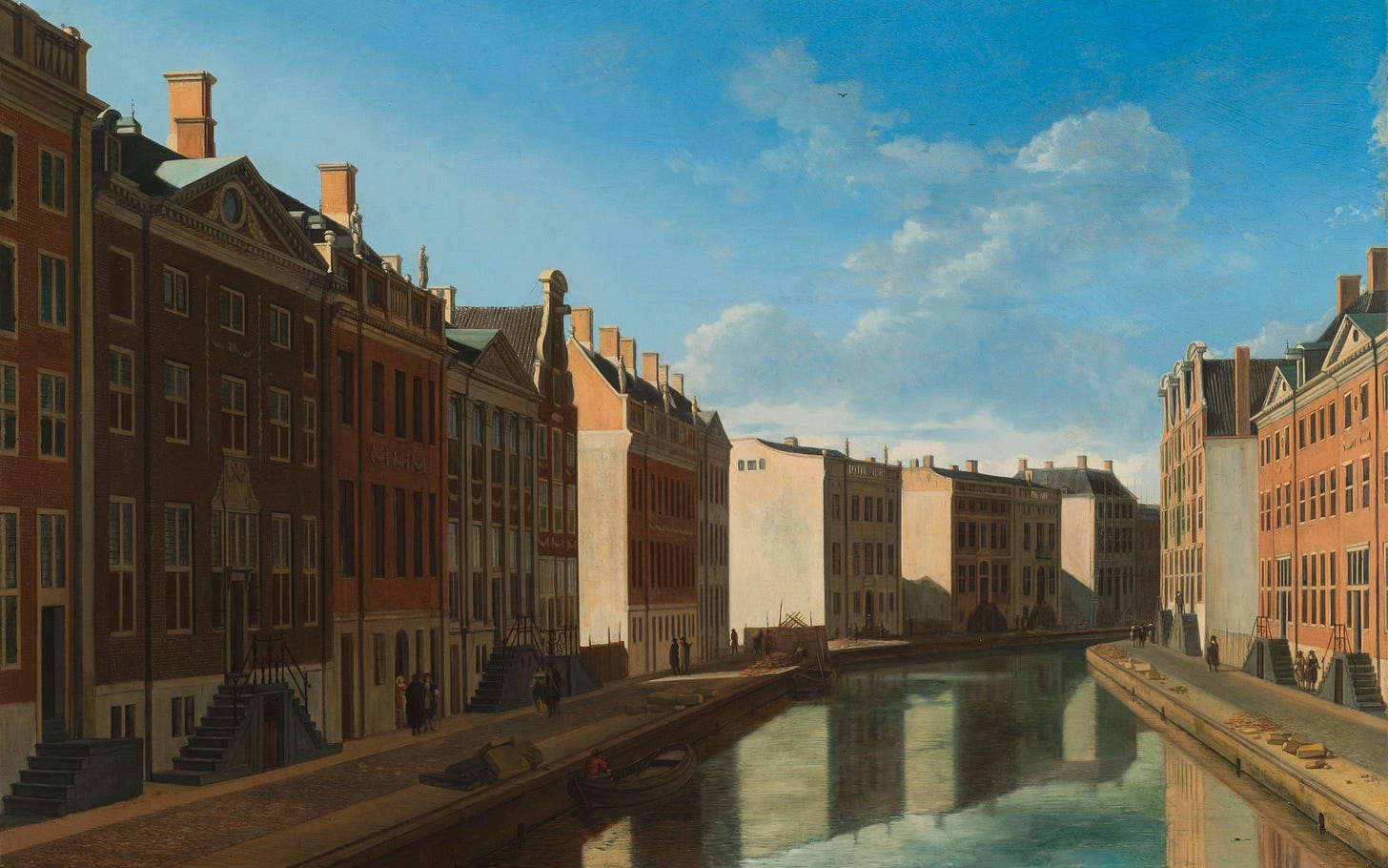 Oil painting depicts a canal surrounded by brick buildings, blue sky above. Oil painting depicts a canal surrounded by brick buildings, blue sky above.
