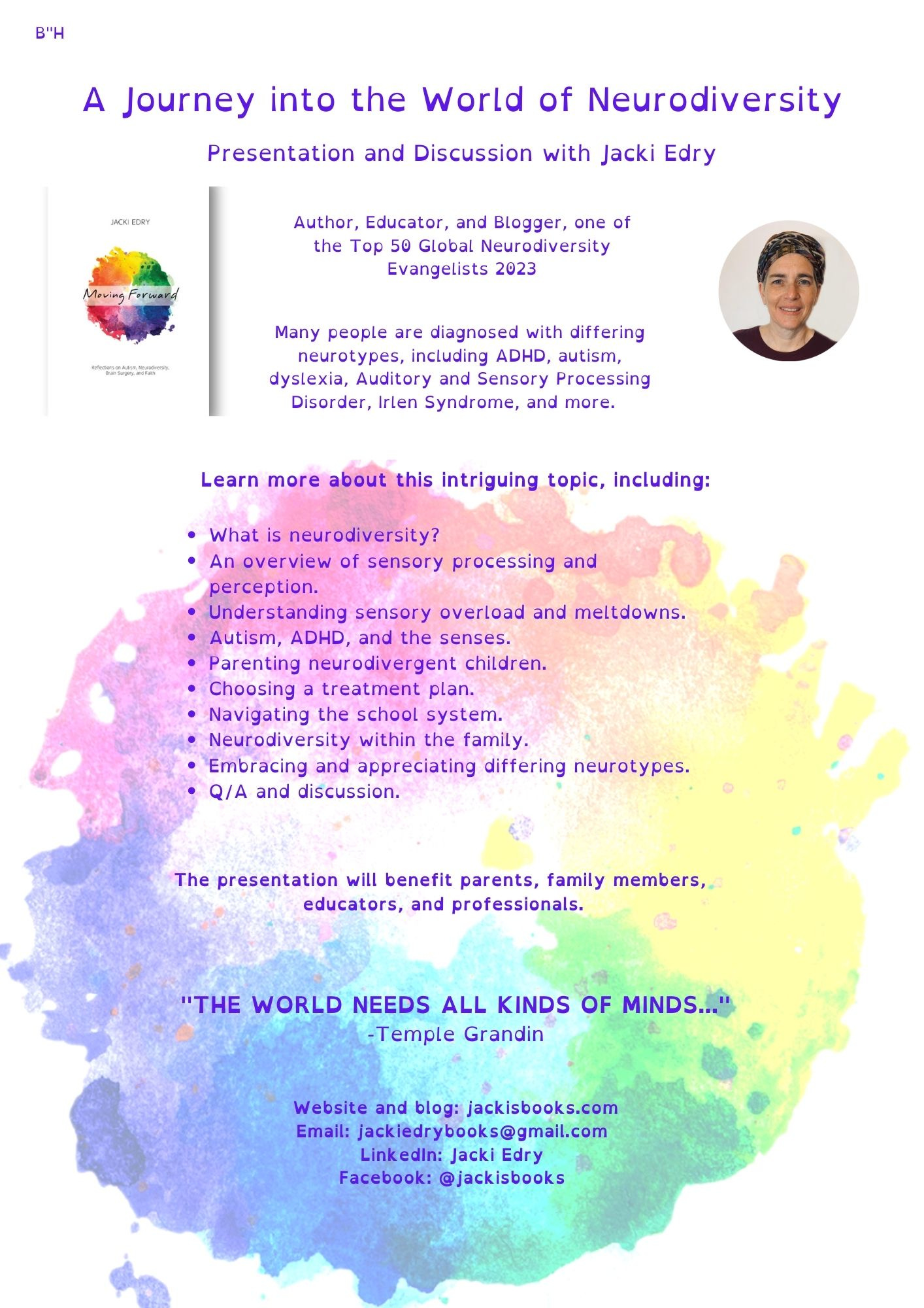 a photo of Jacki Edry and her book with the title of her presentation: A Journey into the World of Neurodiversity