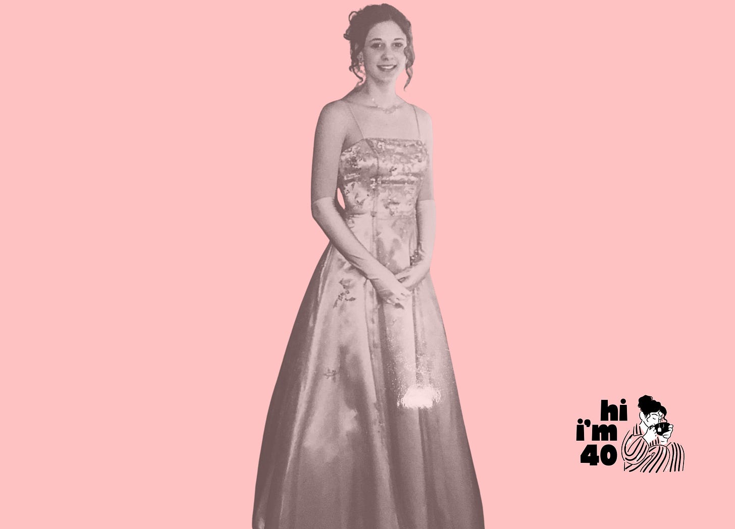 Pink and b/w graphic of Dana Miranda at 16 in a floofy prom dress with silky gloves looking like a GD angel
