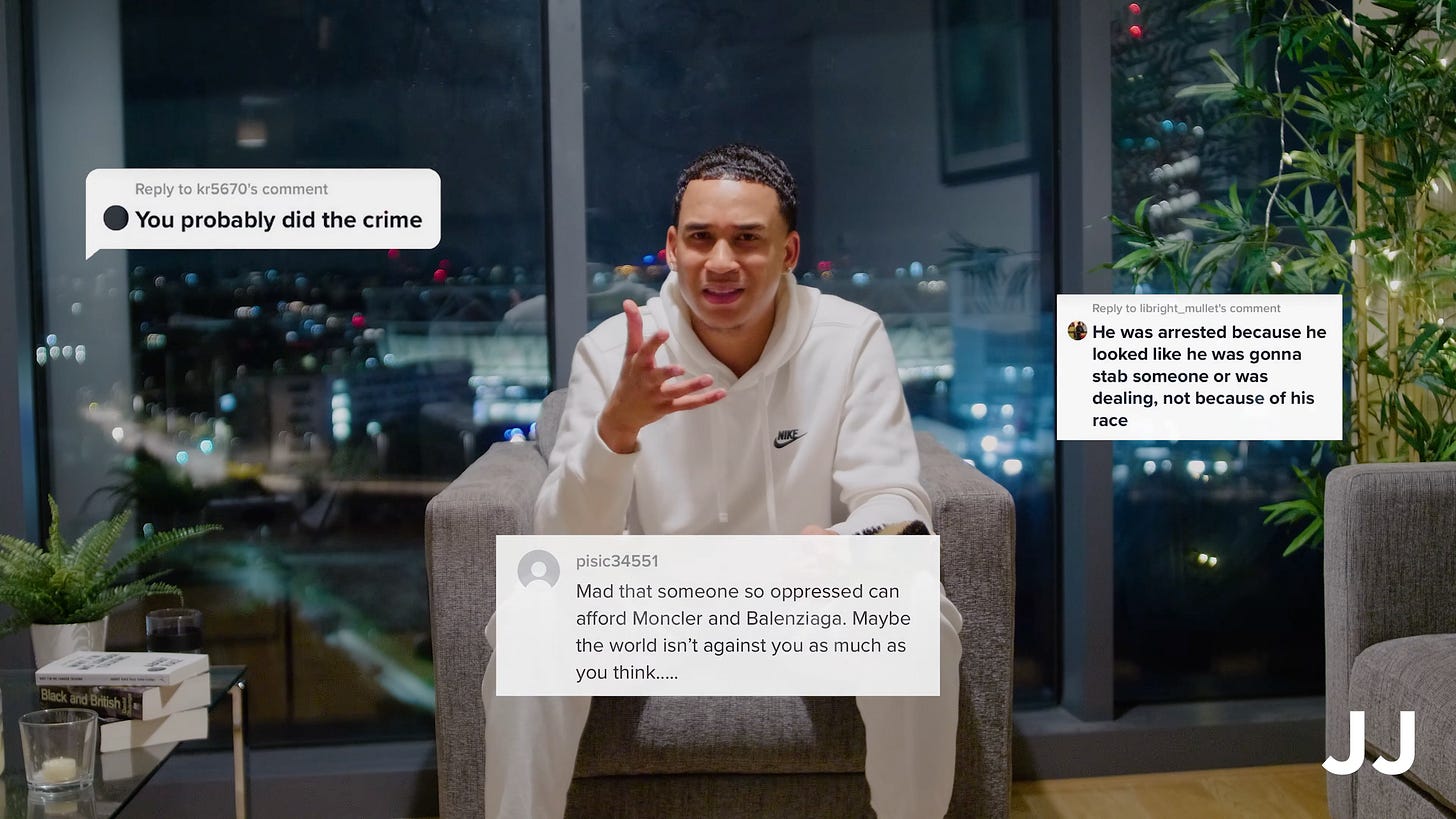 Video still of Joshua Arthur seated indoors, overlaid with social media replies disputing his account, October 2021. Video still of Joshua Arthur seated indoors, overlaid with social media replies disputing his account, October 2021.