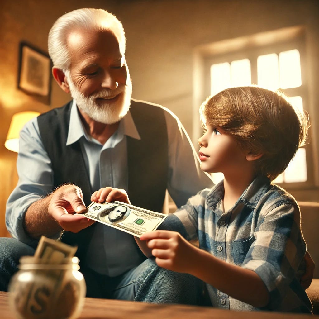 A realistic image of a grandfather handing money to his young grandson. The scene should show them sitting together in a warm, home-like environment, symbolizing the passing of wealth between generations. The atmosphere is positive, with the grandfather smiling gently and the grandson looking curious and happy.