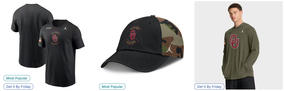 Oklahoma Sooners Jordan Brand fan gear collection featuring a black Boomer Sooner t-shirt, camo-accented hat, and olive green long-sleeve hoodie. Modern designs blend performance and team pride, highlighting top-selling apparel for game day and fan wear. Deals on seats, fan gear, and premium Oklahoma Sooners Football coverage at www.NattyRoad.com