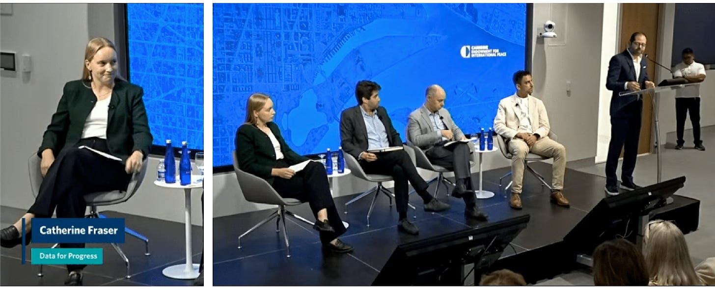 Photos of DFP's Catherine Fraser speaking on panel at Carnegie Endowment