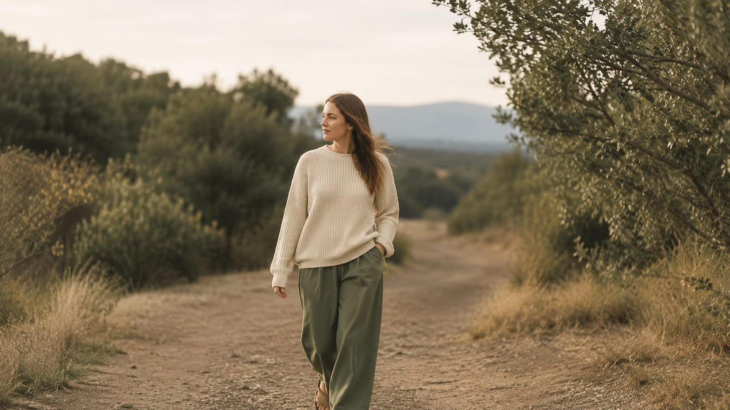 A woman walking slowly outdoors in nature, representing integration, steadiness, and space after mental looping.
