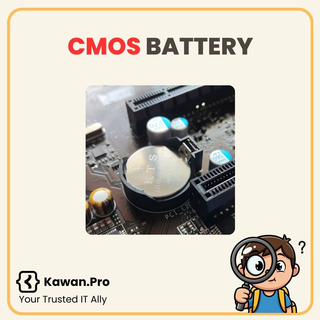 May be an image of text that says 'CMOS BATTERY OLG S KTS li ИH JAMANNID Aeree 00C V9S ROS 093 02 095 Kawan.Pro Your Trusted IT Ally'
