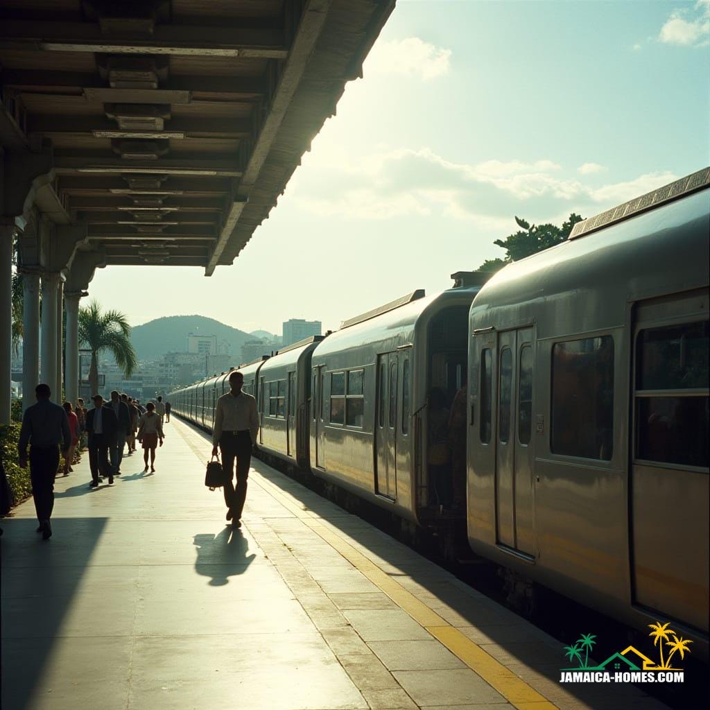 A modern train station in Kingston, Jamaica, bustling with life, captured as a cinematic film still. A Jamaican man, carrying a a small bag, steps onto a sleek, contemporary train. The station features clean architecture with glass panels, tropical landscaping, and clear signage. In the background, city buildings rise against distant hills. Realistic lighting with sunlight streaming through the station canopy highlights the metallic gleam of the train. People in casual and business attire move around the platform, emphasizing vibrancy and a sense of daily life. Shot on v-raptor XL, film grain, vignette, color graded, post-processed, cinematic lighting, 35mm film, live-action, best quality, atmospheric, a masterpiece, epic, stunning, dramatic.