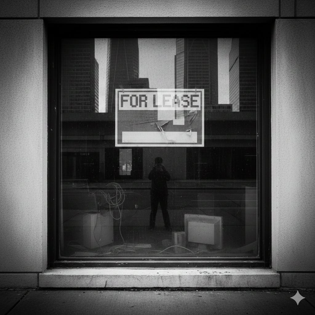 Empty office with a For Lease sign reflecting AI job replacement fears and economic pressure on small business owners over 40 Empty office with a For Lease sign reflecting AI job replacement fears and economic pressure on small business owners over 40