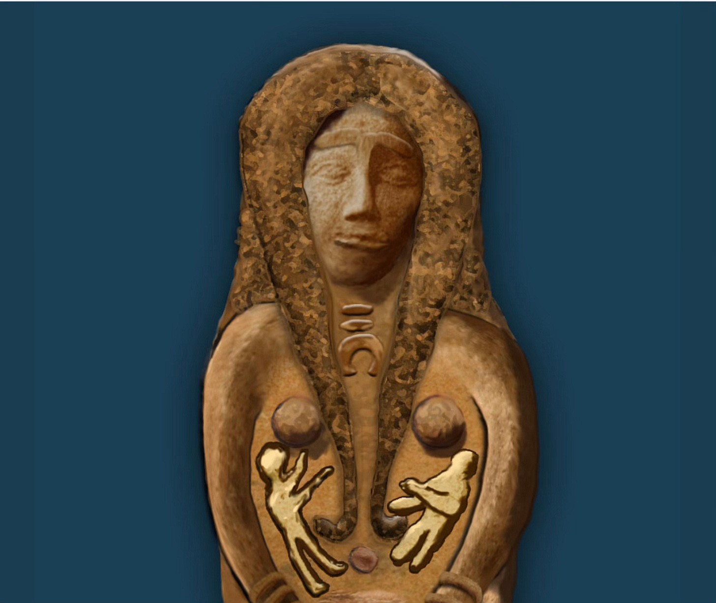 A photo, enhanced by an artist to bring out the elements of the piece that were possibly painted when the statue was new, 3,800 years ago. It is of a woman with long hair, breast-feeding two children A photo, enhanced by an artist to bring out the elements of the piece that were possibly painted when the statue was new, 3,800 years ago. It is of a woman with long hair, breast-feeding two children