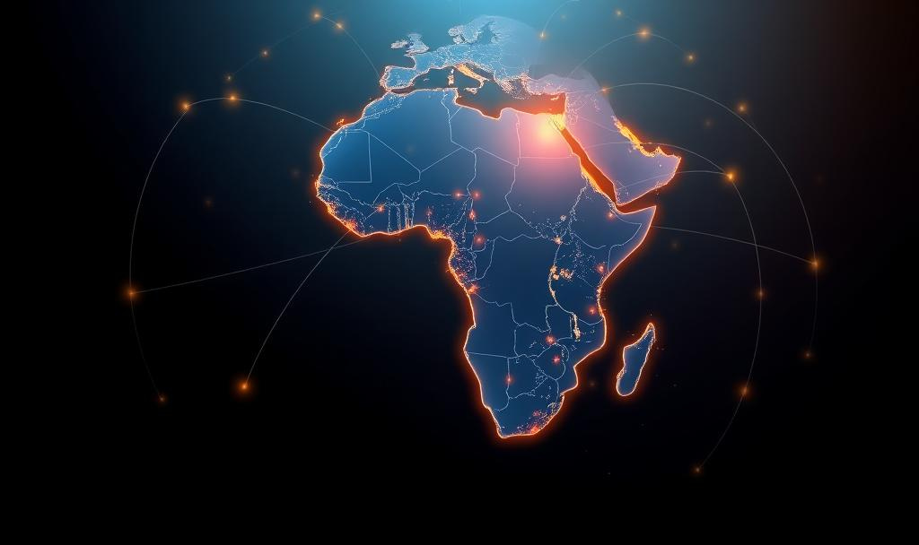 Digital illustration of Africa glowing with orange and blue connectivity lines, symbolizing the continent as a central hub in global networks and international strategy. Digital illustration of Africa glowing with orange and blue connectivity lines, symbolizing the continent as a central hub in global networks and international strategy.