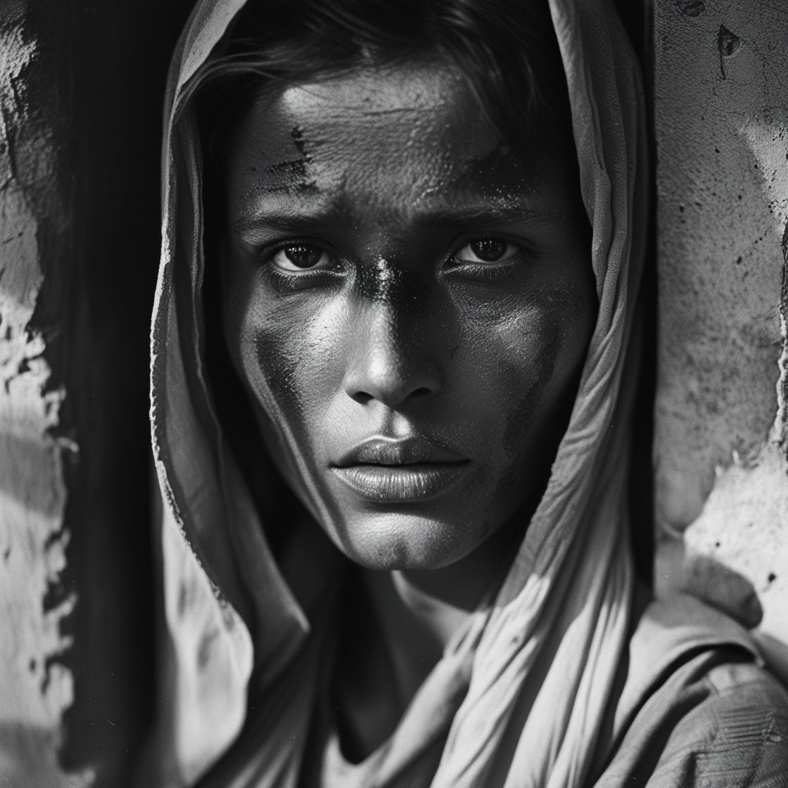 A gritty, high-contrast black and white photograph of Genocidio, rendered in stark desaturation, with harsh, directional light casting deep shadows and accentuating the subject's textures, captured on 35mm or 50mm candid film with a pronounced grain, evoking a sense of raw, unbridled emotion, featuring a masterfully composed frame that draws the viewer's attention to the subject's striking features, with a subtle yet palpable sense of realism, as if the image was plucked from a bygone era, exuding a timeless, analogue aesthetic that whispers stories of the past.