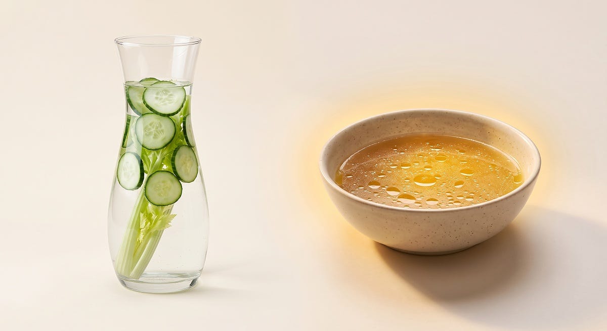 A glass carafe filled with water, cucumber slices, and celery sticks standing next to a warm bowl of clear broth with oil droplets floating on top. A glass carafe filled with water, cucumber slices, and celery sticks standing next to a warm bowl of clear broth with oil droplets floating on top.