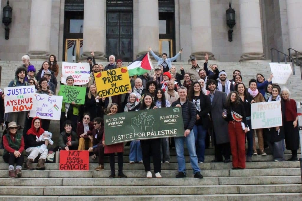 Activists participate in an Advocacy Day at the Washington state capitol, organized by Washington for Peace and Justice and Jewish Voice for Peace Seattle, in February 2026. Advocates from around the state attended, including PASS and the Rachel Corrie Foundation.