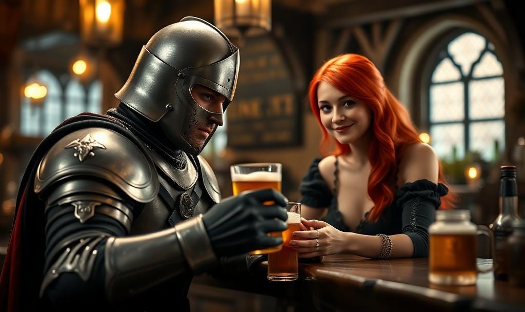 A sad knight sitting in a tavern where a red headded barmaid hands him a drink with a wink and a smile A sad knight sitting in a tavern where a red headded barmaid hands him a drink with a wink and a smile
