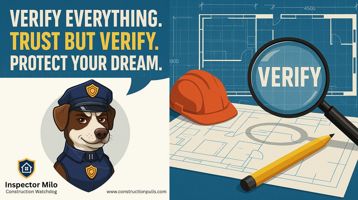 Call to action graphic with magnifying glass over blueprints encouraging homeowners to verify all contractor claims and protect their construction investment