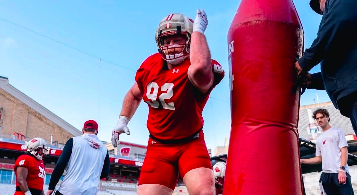 Wisconsin Badgers defensive lineman Nolan Vils goes through a drill during spring practice. Photo credit: UW Athletics.