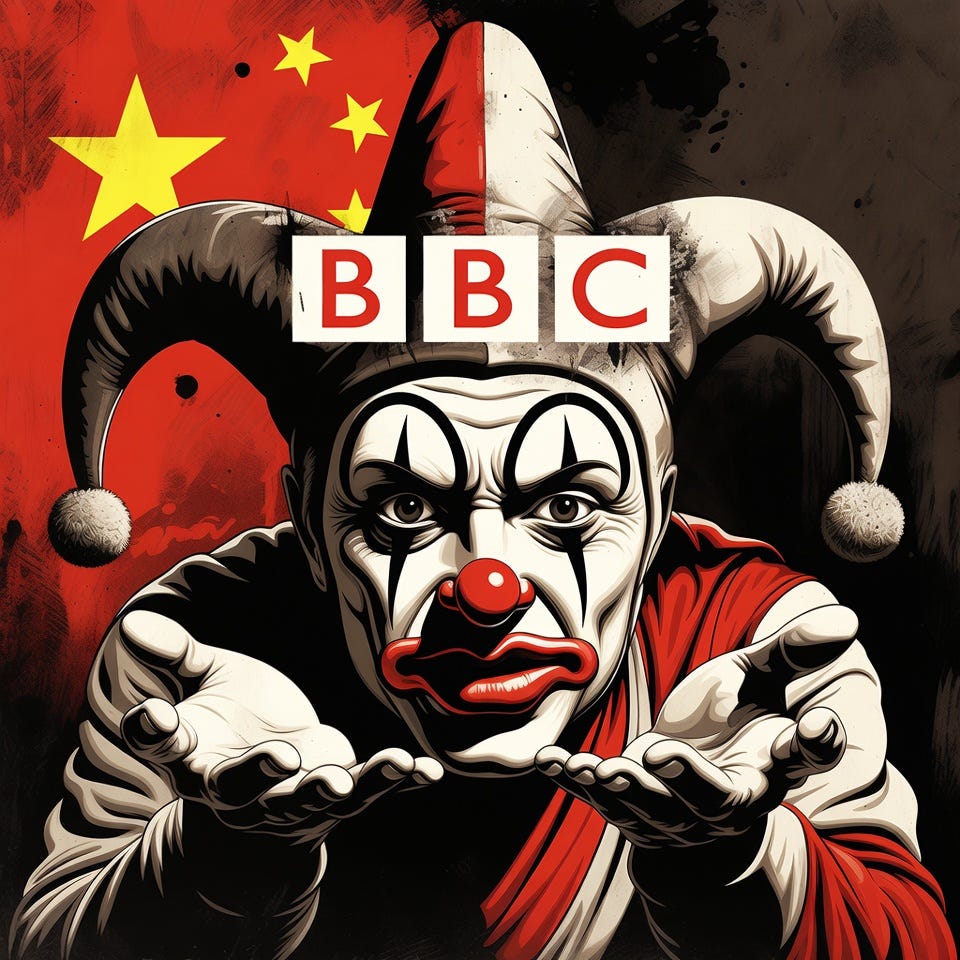 Take the BBC Logo and include the Chinese flag in it and make the BBC logo clown like begging for Chinese acceptance Take the BBC Logo and include the Chinese flag in it and make the BBC logo clown like begging for Chinese acceptance