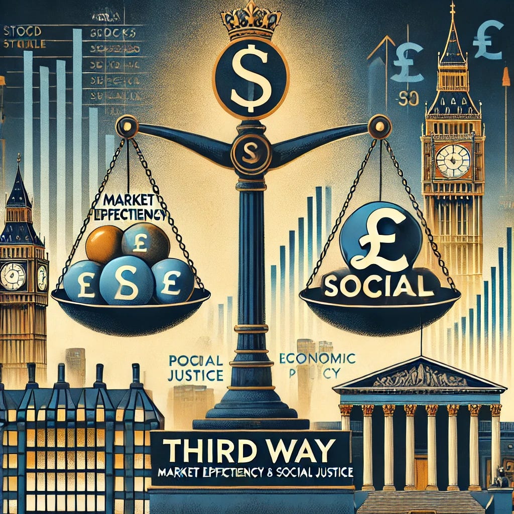 A visually compelling cover image for a Substack post on the Third Way economic policy. The image should feature a balance scale symbolizing the equilibrium between market efficiency and social justice: one side holding financial symbols (stocks, pound sterling, economic graphs) and the other side holding social elements (welfare, education, public services). The background should blend London's financial district with public institutions like schools and hospitals, representing the dual priorities of the policy. The color scheme should be professional, with shades of blue, gold, and white, reflecting economic stability and pragmatism. A visually compelling cover image for a Substack post on the Third Way economic policy. The image should feature a balance scale symbolizing the equilibrium between market efficiency and social justice: one side holding financial symbols (stocks, pound sterling, economic graphs) and the other side holding social elements (welfare, education, public services). The background should blend London's financial district with public institutions like schools and hospitals, representing the dual priorities of the policy. The color scheme should be professional, with shades of blue, gold, and white, reflecting economic stability and pragmatism.