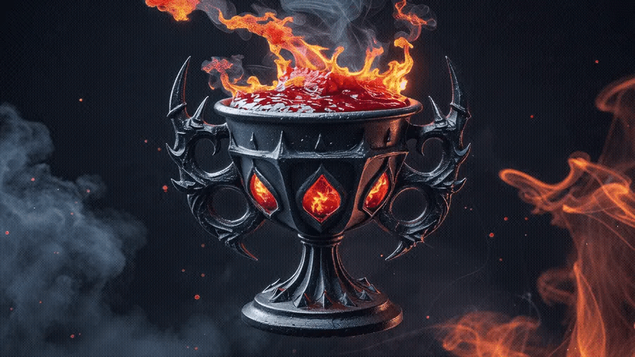 A dark, gothic chalice with claw-like handles and glowing red cutouts, filled with molten red liquid and surrounded by leaping orange flames and swirling gray smoke, representing Jerusalem as the "cup of trembling" bringing divine judgment to its enemies from Zechariah 12:1-10 KJV. A dark, gothic chalice with claw-like handles and glowing red cutouts, filled with molten red liquid and surrounded by leaping orange flames and swirling gray smoke, representing Jerusalem as the "cup of trembling" bringing divine judgment to its enemies from Zechariah 12:1-10 KJV.