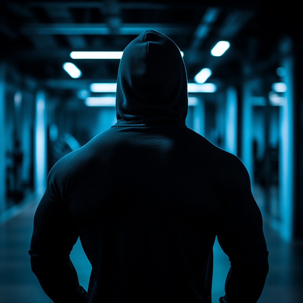 Fit male athlete wearing a dark hoody training late at night. Fit male athlete wearing a dark hoody training late at night.