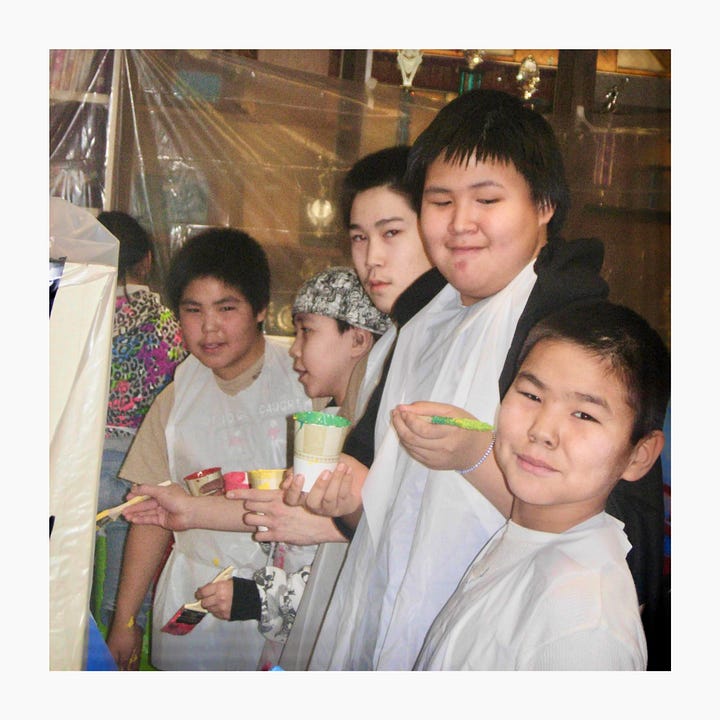 The library-turned-studio in Akiuk School & a photo of the snowbanks formed from the blizzard.