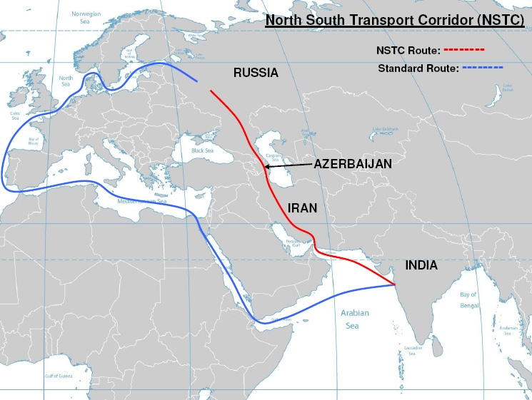 Map of NSTC with drawn lines for overland and maritime routes Map of NSTC with drawn lines for overland and maritime routes