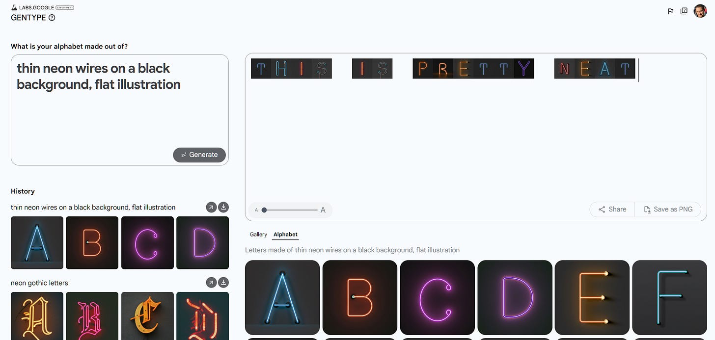 GenType Google Experiment - letters made out of thin neon wires ona black background