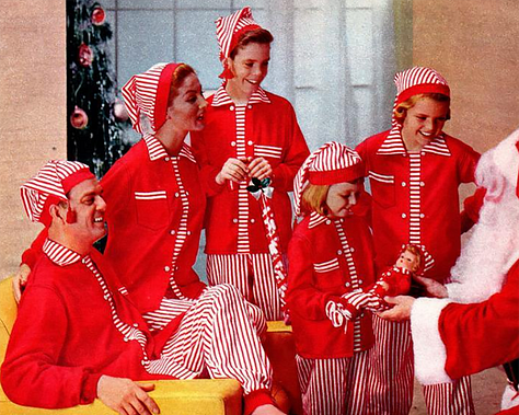 Families in the 1950s wearing match pajama sets in festive Christmas designs