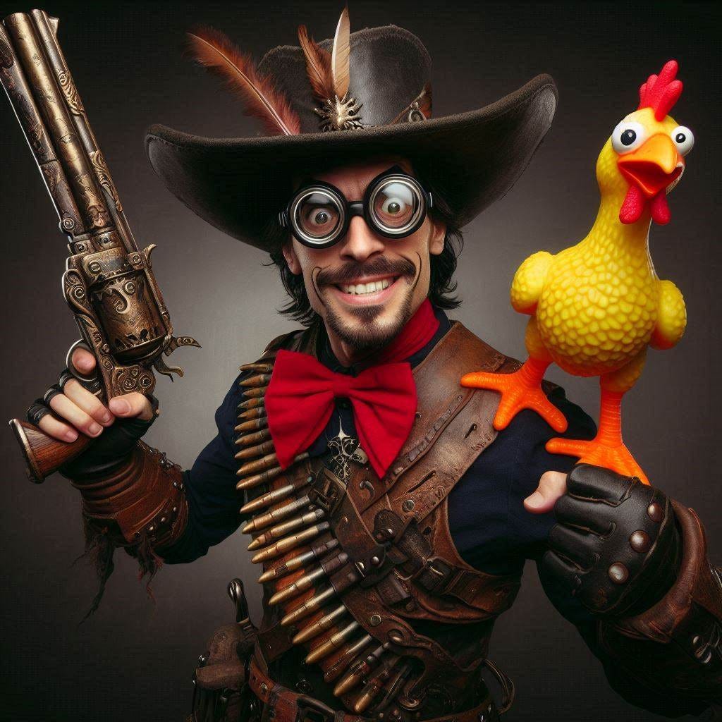 a demon hunter with a tricorn hat, goofy glasses, and a rubber chicken as a weapom