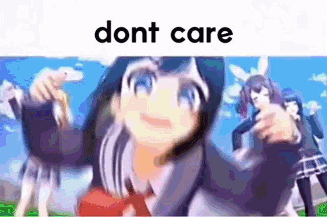 a cartoon girl is pointing at the camera with the words `` dont care '' written above her . a cartoon girl is pointing at the camera with the words `` dont care '' written above her .