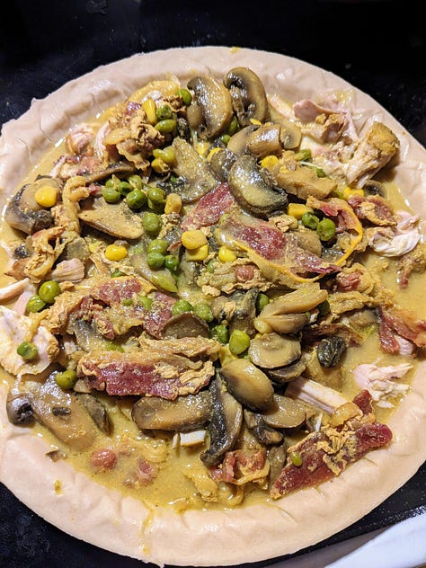 uncooked savory pie with chicken and mushroom filling; golden crust of a baked pie, slice of savory pie with gravy running out of it