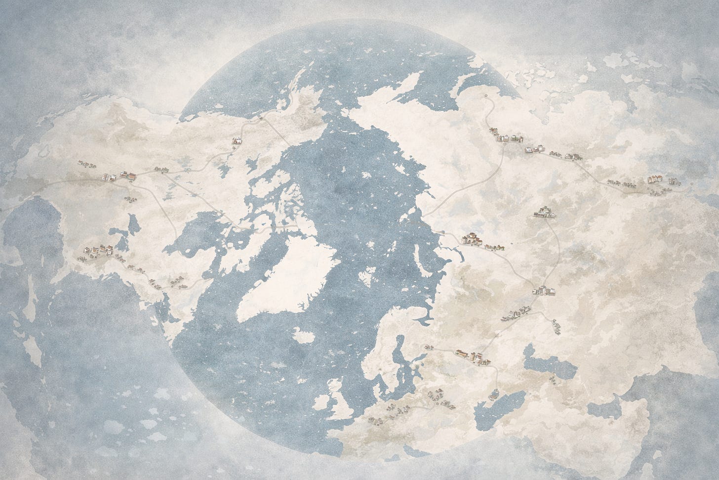 Polar projection map of the Arctic showing circumpolar coastlines and northern communities surrounding the Arctic Ocean, with no national borders shown.